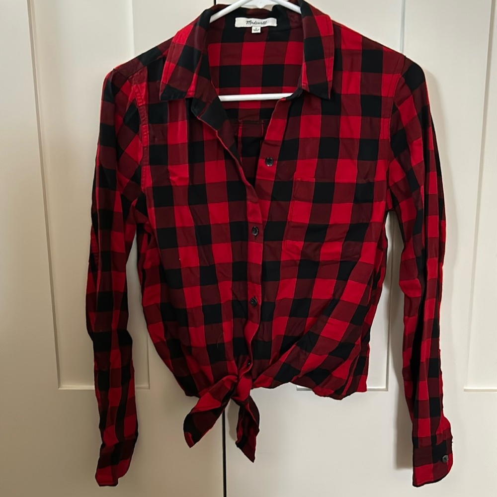 Madewell Red and Black Plaid Front Tie Button Down
